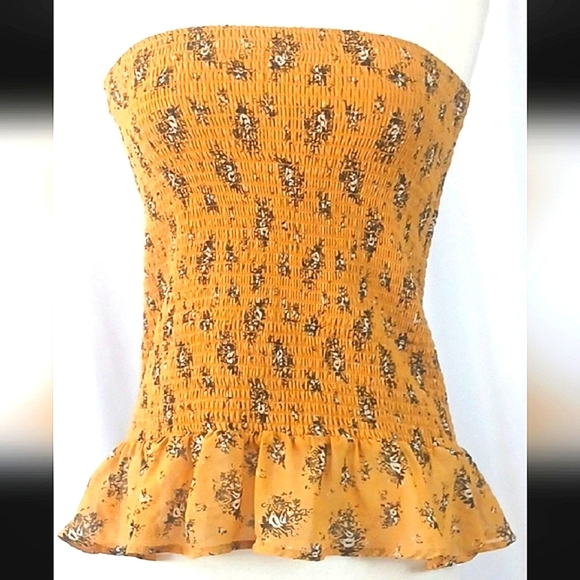 5/$25 Floral Mustard Fall Tube Peplum Strapless Smocked Top - Mustard - Picture 1 of 4